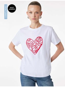 Koton - Womens White Heart Printed T-Shirt