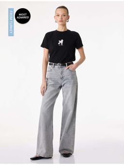 Koton - Womens Black Dog Embroidered Detail T-Shirt