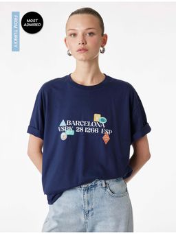Koton - Womens Navy Blue Printed Oversized T-Shirt