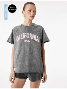 Koton - Womens Grey Printed Oversized T-Shirt