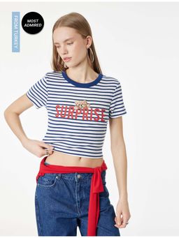 Koton - Womens Navy Blue Stripes Printed T-Shirt