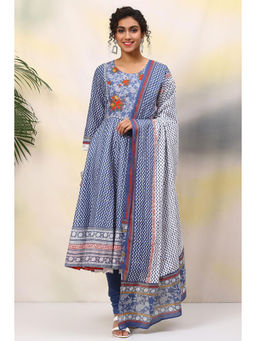Biba - White And Blue Cotton Anarkali Suit (set Of 4)