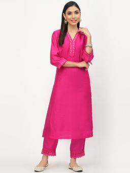 DART STUDIO - Hand Embroidered Cotton Kurta and Pants - Pink (Set of 2)