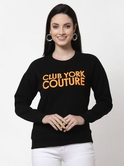 Club York - Women Black Embroidered Cotton Sweatshirt