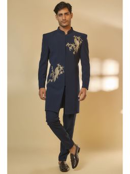 Abees - Hand Embroidery Navy Blue Indo-Western Sherwani With Trouser