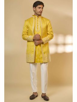 Abees - Yellow Thread Worked Sherwani With Kurta And Trouser