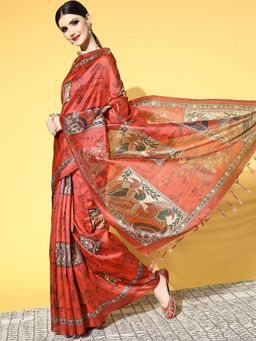 Odette - Manipuri Silk Red Printed Designer Saree with Unstitched Blouse