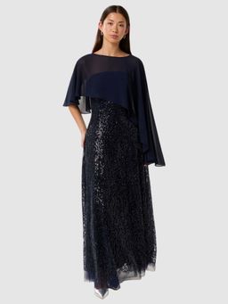 Forever New - Navy Blue Embellished Maxi Dress and Detachable Cape (Set of 2)