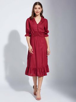 Latin Quarters - Maroon Solid Midi Dress