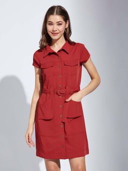 Latin Quarters - Rust Solid Mini Dress and Belt (Set of 2)