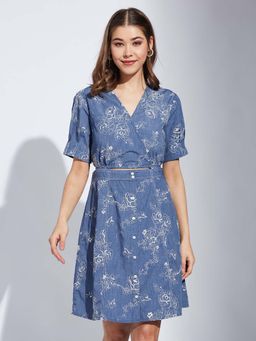 Latin Quarters - Blue Embroidered Mini Dress and Belt (Set of 2)
