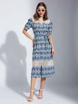 Latin Quarters - Blue Embroidered Midi Dress and Belt (Set of 2)