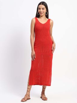 Madame - Red Self Design Midi Dress
