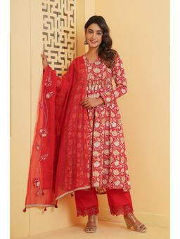 Jaipuri Banno - Red Floral Print Anarkali Kurta With Cotton Pant & Dupatta (Set of 3)