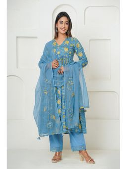 Jaipuri Banno - Blue Floral Print Anarkali Kurta With Cotton Pant & Dupatta (Set of 3)