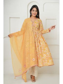 Jaipuri Banno - Orange Floral Anarkali Kurta With Cotton Cutwork Palazzo & Dupatta (Set of 3)