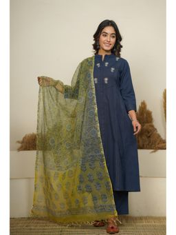 Jaipuri Banno - Blue Cotton Princess Line Kurta & Pant Hand Block Printed Dupatta (Set of 3)