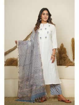 Jaipuri Banno - White Cotton Princess Line Kurta With Pant Hand Block Dupatta (Set of 3)
