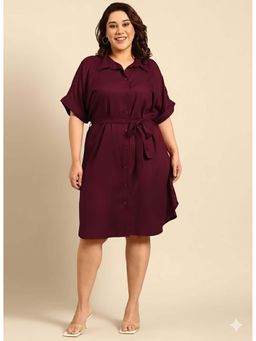 THE PINK MOON - Solid Maroon Shirt Knee Length Dress with Belt