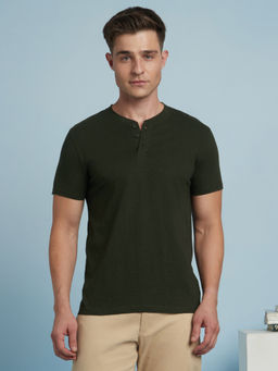 Dennis Lingo - Men Solid Cotton Slub Half Sleeves Henley Neck Olive T-Shirt