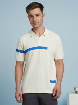 Dennis Lingo - Men Striped Cotton Half Sleeves Cream Polo T-Shirt