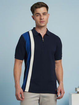 Dennis Lingo - Men Striped Cotton Half Sleeves Navy Blue Polo T-Shirt