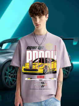 PRONK - Cotton Printed Round Neck Oversized Lilac T-Shirt for Men