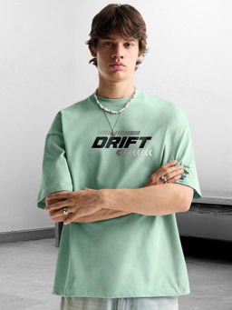 PRONK - Cotton Printed Round Neck Oversized Mint Green T-Shirt for Men