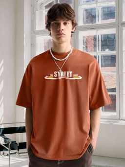 PRONK - Terry Cotton Graphic Round Neck Oversized Brown T-Shirt for Men