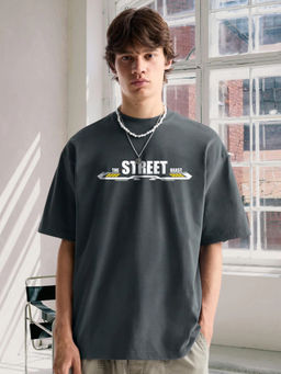 PRONK - Terry Cotton Graphic Round Neck Dark Grey T-Shirt for Men