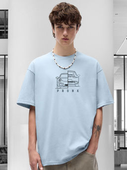 PRONK - Terry Cotton Graphic Round Neck Oversized Sky Blue T-Shirt for Men