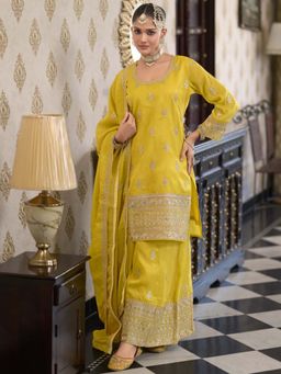 Autumnlane - Ashtami Yellow Amber Embroidery Kurti with Palazzo and Dupatta