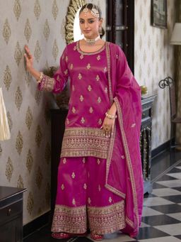 Autumnlane - Ashtami Rose Pink Embroidery Kurti with Palazzo and Dupatta