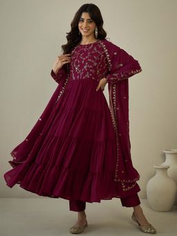 INDDUS - Maroon Floral Embroidered Anarkali Kurta with Pant and Dupatta
