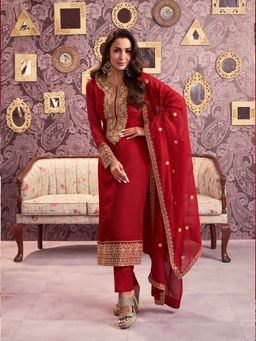 INDDUS - Red Embroidered Kurta with Pant and Dupatta