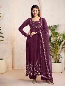 INDDUS - Wine Floral Embroidered Kurta with Pant and Dupatta
