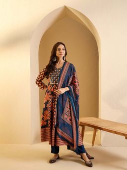 INDDUS - Multi-Color Floral Printed Embroidered Anarkali Kurta with Pant and Dupatta