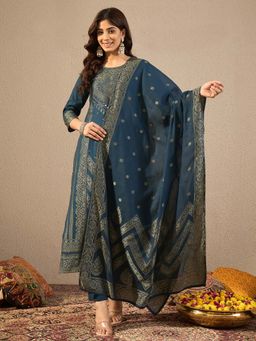 INDDUS - Teal Cotton Woven Mirror Work Kurta with Pant and Dupatta