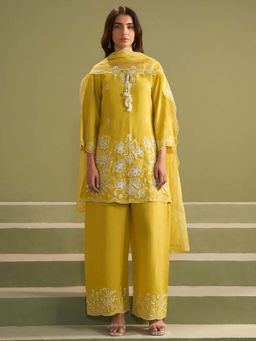 Autumnlane - Yellow Ira Honey Embroidery Kurti with Palazzo and Dupatta