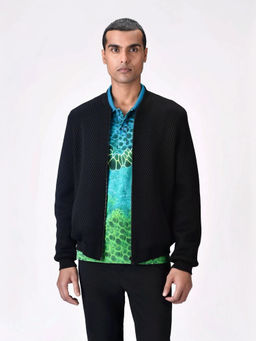 Genes Lecoanet Hemant - Men Black Polyester Self Design Open Front Bomber Jacket