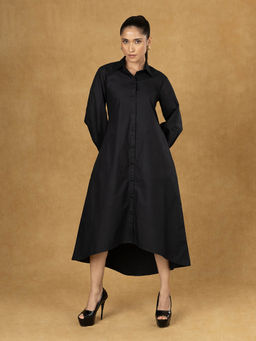 Powersutra - Black Soild High Low Shirt Midi Dress