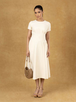 Powersutra - Ivory Soild One Side Pleats Midi Dress