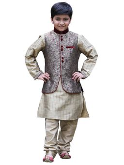 Manyavar - Boys Maroon Silk Festive Kurta Jacket Churidar (set Of 3)