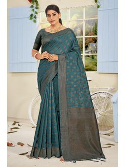 Sangam Prints - Sea Green Cotton Woven Zari Work Traditional Tassel Saree with Unstitched Blouse