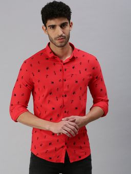 SHOWOFF - Men Roll-Up Sleeves Red Abstract Shirt