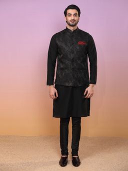 KISAH - Men Black Embossed Silk Blend Kurta Jacket Churidar Set with Floral Design