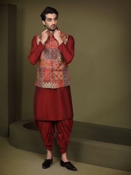 KISAH - Men Multi Coloured Printed Cotton Blend Kurta Jacket Dhoti Set with Abstract Print