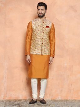 KISAH - Men Multi Coloured Printed Cotton Blend Kurta Jacket Churidar Set with Kantha Print