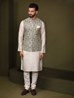KISAH - Men Olive Green Embroidery Silk Blend Kurta Jacket Churidar Set with Ethnic Motifs