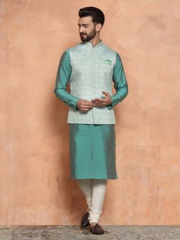 KISAH - Men Light Blue Embroidery Silk Blend Kurta Jacket Churidar Set
